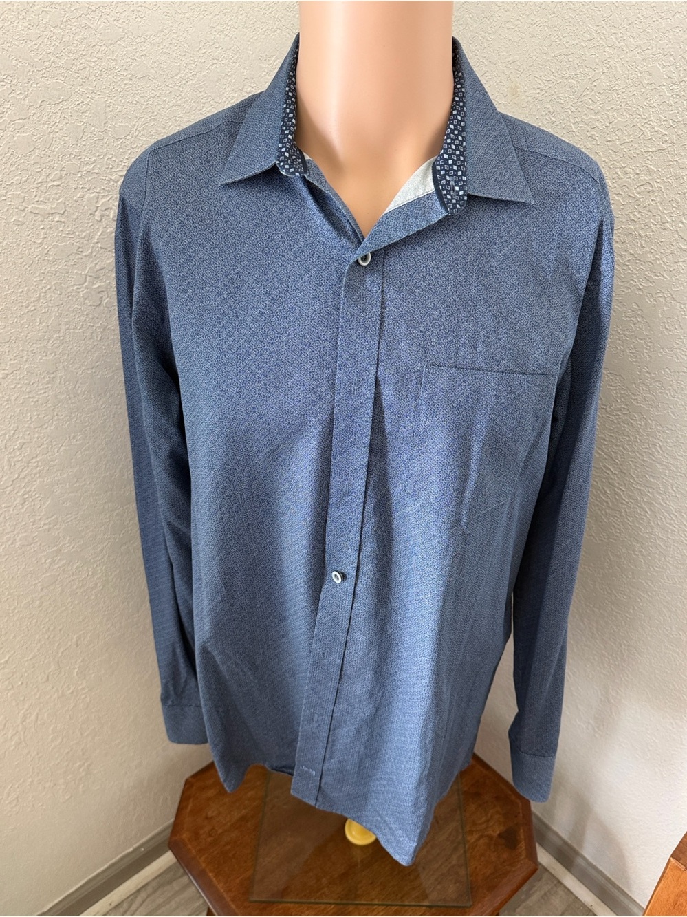 Johnston & Murphy Men's Slate Blue Patterned Trim Button-Down Shirt